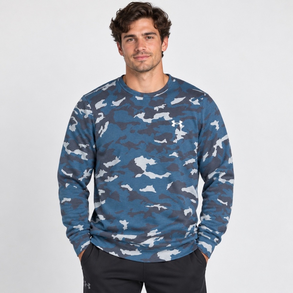 Under Armour Mens Rival Fleece Camo Crewneck Sweatshirt Blue 1383114 Size Medium